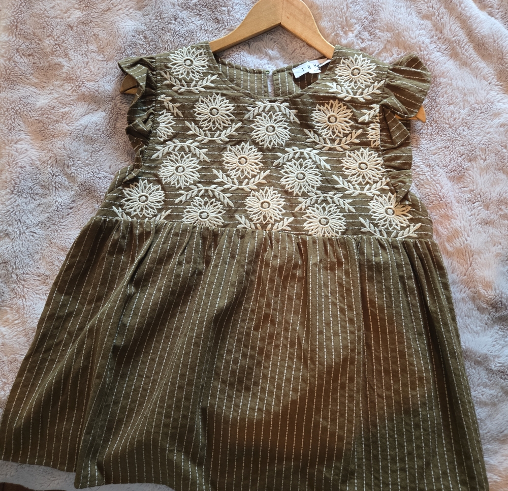 THML Olive Green Dress with Cream Floral Embroidery